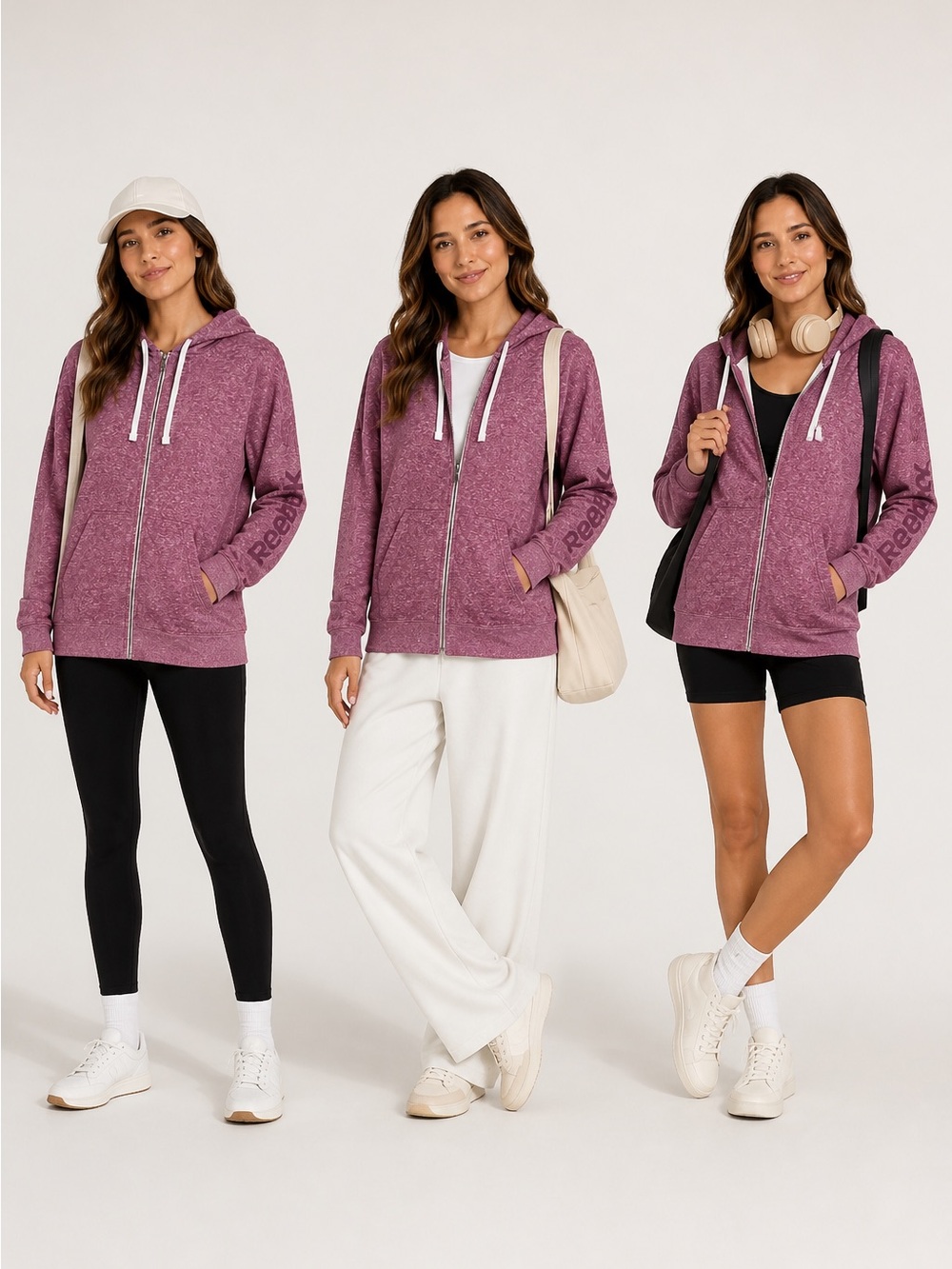 Reebok Women’s Purple Heather Full Zip Hoodie Logo Sleeve Size L